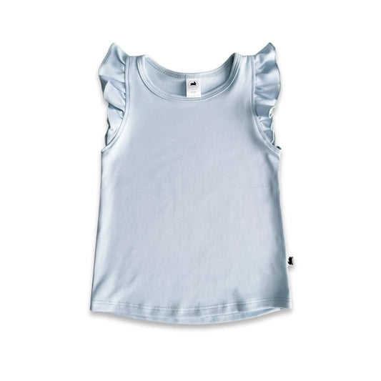 The Little & Lively Baby/Kids Bamboo Ruffle Shoulder tank top in light blue features ruffle shoulder accents, a round neckline, and a small white tag at the collar. The shirt is shown laid flat on a white background.