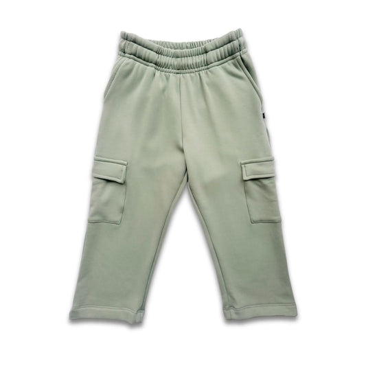The Little & Lively Youth Bamboo Fleece Cargo Pants in Sage feature an elastic waistband, two side pockets, and two flap thigh pockets, shown on a white background.