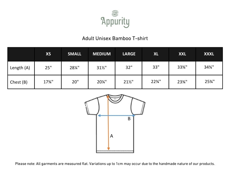 Adult Unisex/Men's Bamboo T-Shirt | Leaf Green size chart