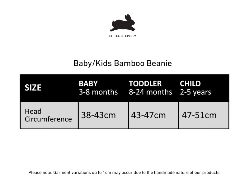 Baby/Kids' Bamboo Beanie | Palm Fronds size chart