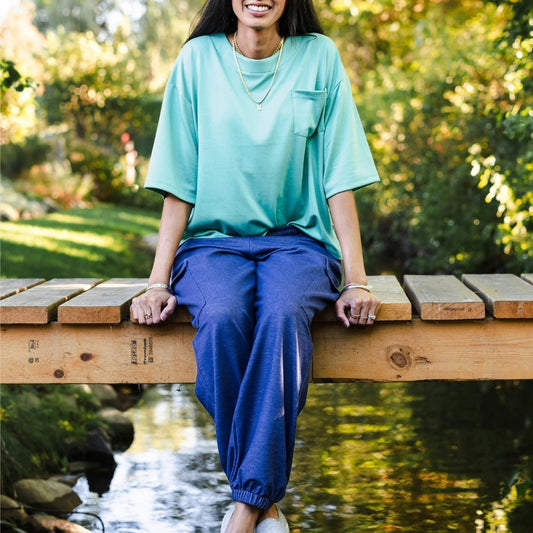 Ladies' Bamboo Terry Denim Cargo Balloon Pants | Blue Denim