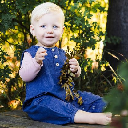 Baby Bamboo Terry Denim Romperall with Snaps | Blue Denim