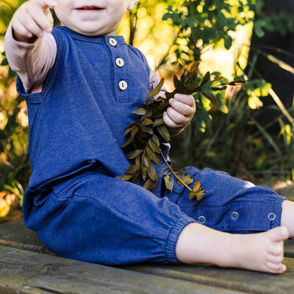 Baby Bamboo Terry Denim Romperall with Snaps | Blue Denim