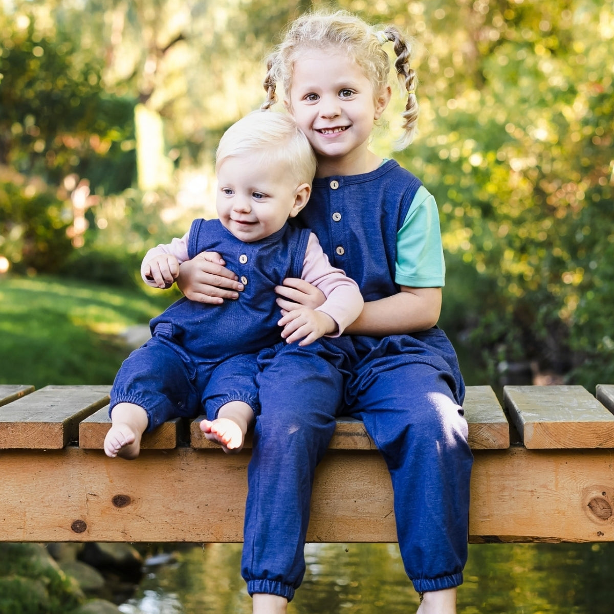 Baby Bamboo Terry Denim Romperall with Snaps | Blue Denim