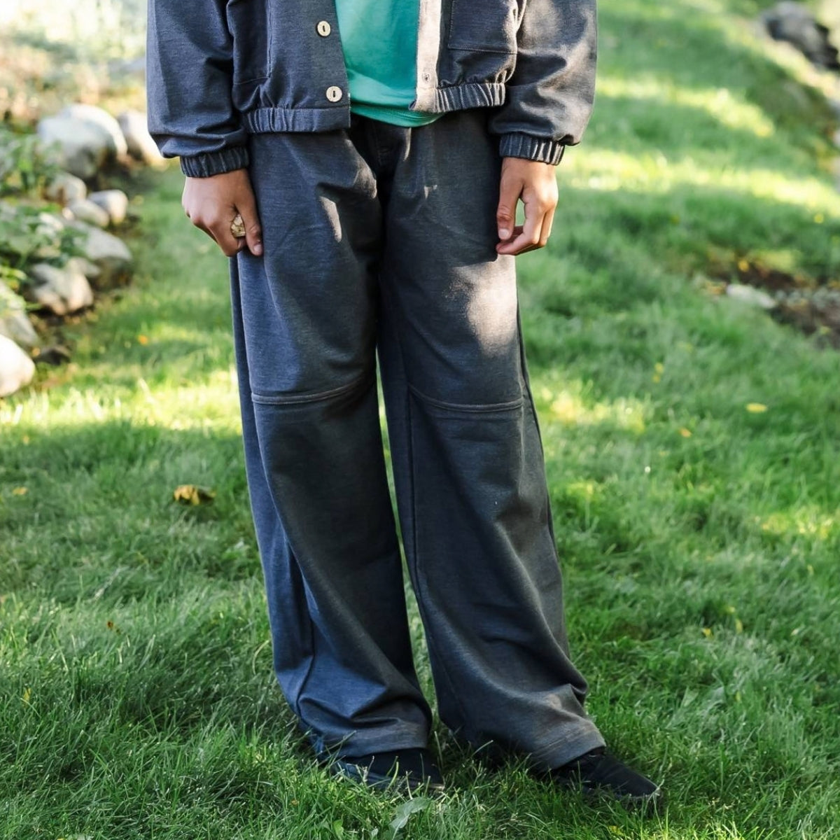 Youth Bamboo Terry Denim Wide Leg Pants | Charcoal Denim