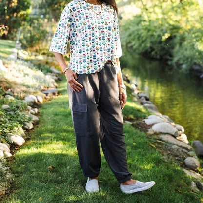 Ladies' Bamboo Terry Denim Cargo Balloon Pants | Charcoal Denim