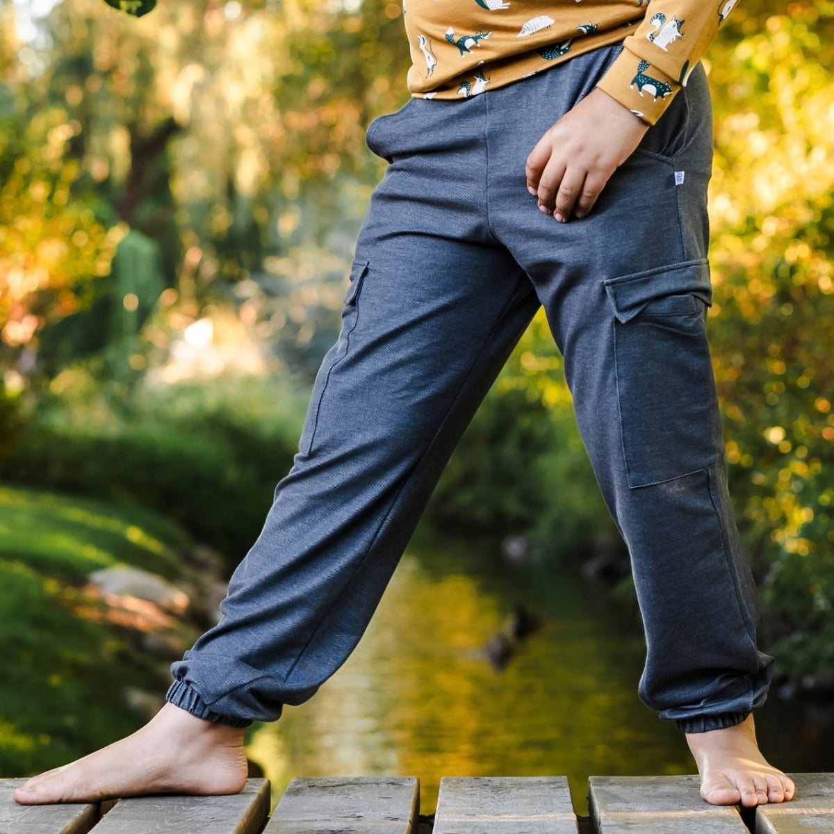 Youth Bamboo Terry Denim Cargo Balloon Pants | Charcoal Denim