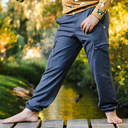 Youth Bamboo Terry Denim Cargo Balloon Pants | Charcoal Denim