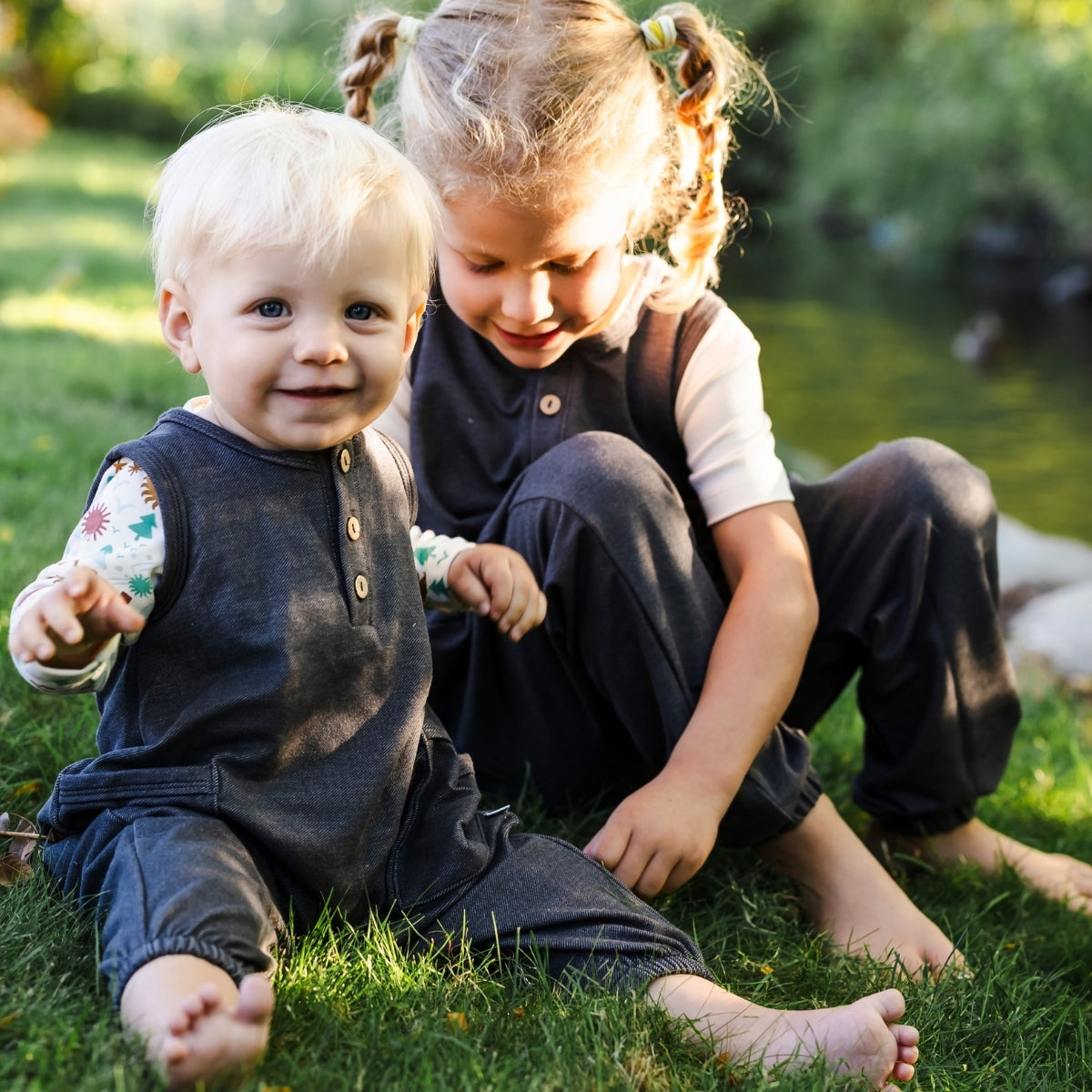 Baby Bamboo Terry Denim Romperall with Snaps | Charcoal Denim