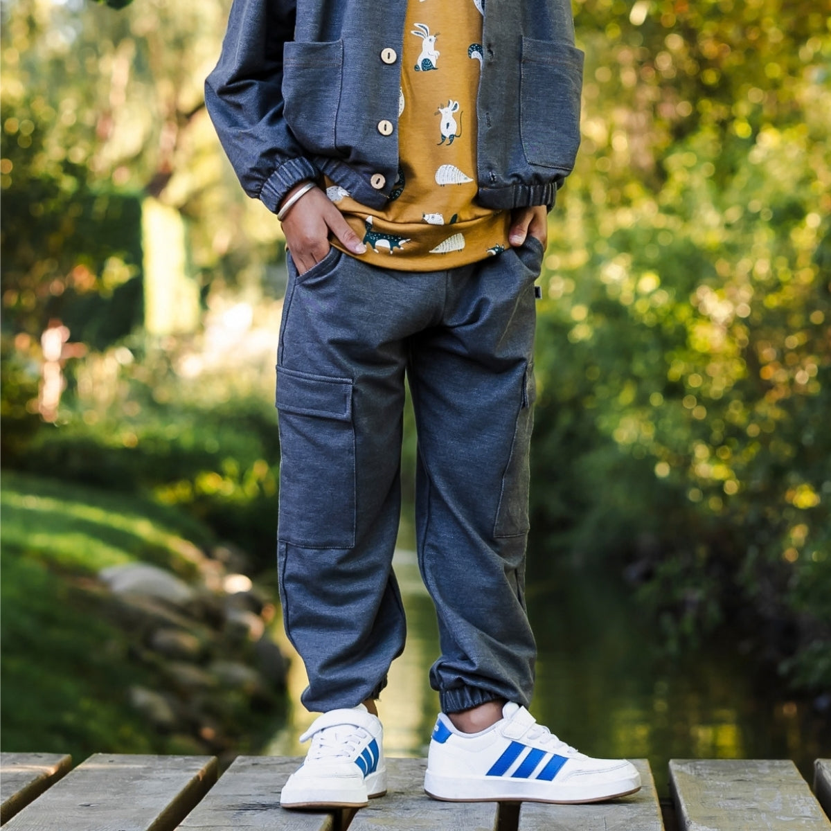 Kids' Bamboo Terry Denim Cargo Balloon Pants | Charcoal Denim