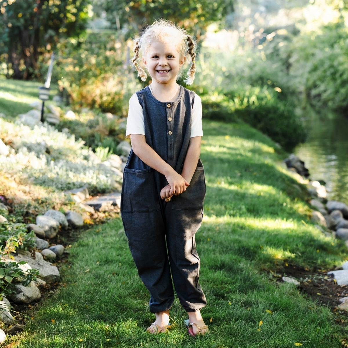 Kids' Bamboo Terry Denim Romperall | Charcoal Denim