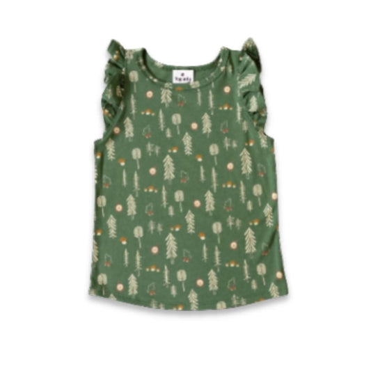 The Little & Lively Baby/Kids Bamboo Ruffle Shoulder is a green sleeveless youth shirt with ruffle shoulders, featuring an all-over tree and plant print in light green, brown, and beige. Displayed flat on a white background.