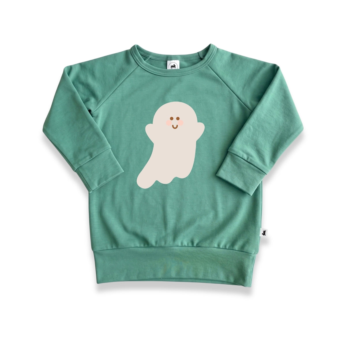 Youth Bamboo Graphic Raglan Sleeve Pullover | Friendly Ghost on Spruce Green