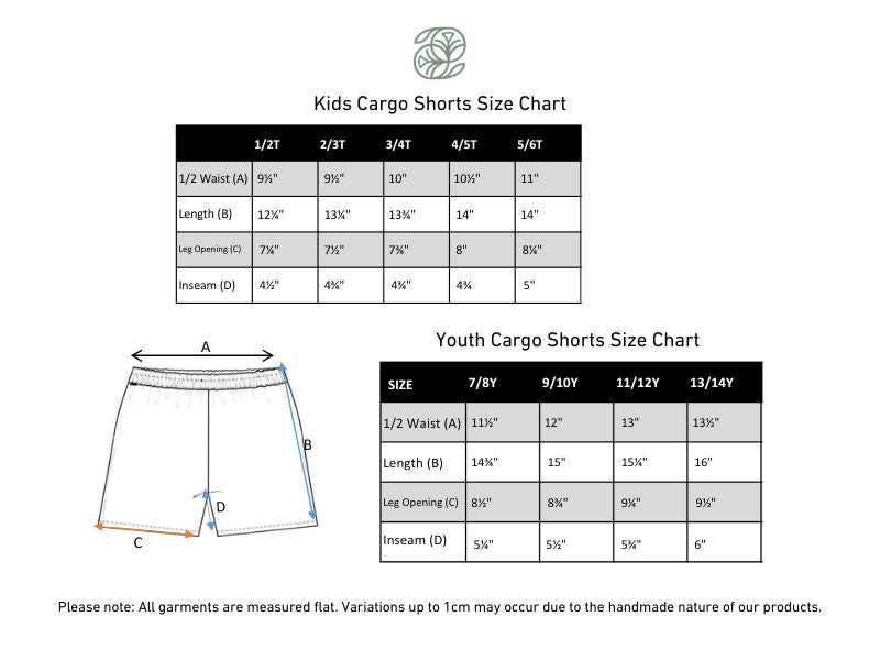 Kids' Bamboo Cargo Shorts | Black size chart