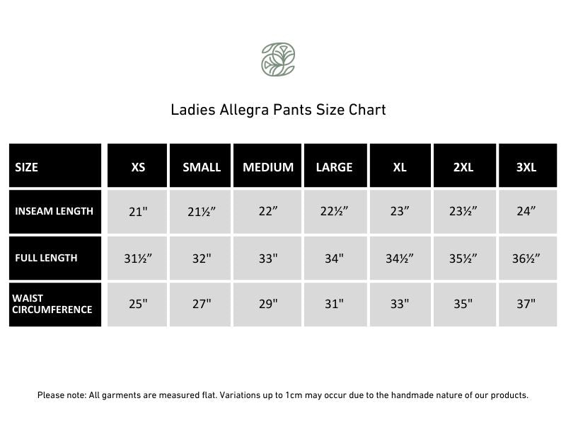 Ladies Bamboo Allegra Pants | Black size chart