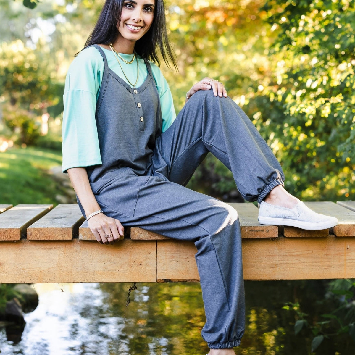 Ladies' Bamboo Terry Denim Romperall | Charcoal Denim