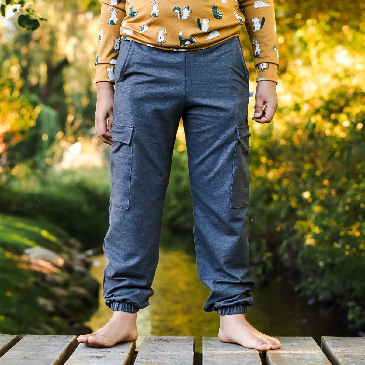 Youth Bamboo Terry Denim Cargo Balloon Pants | Charcoal Denim