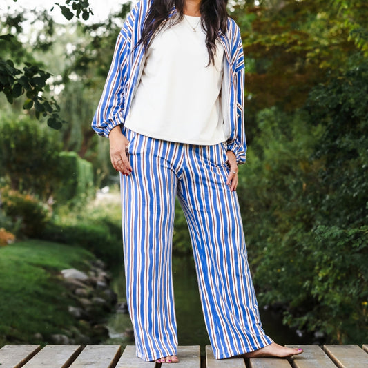 Ladies' Bamboo Terry Wide Leg Pants | Scandi Stripe