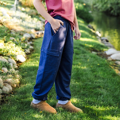 Youth Bamboo Terry Denim Cargo Balloon Pants | Blue Denim