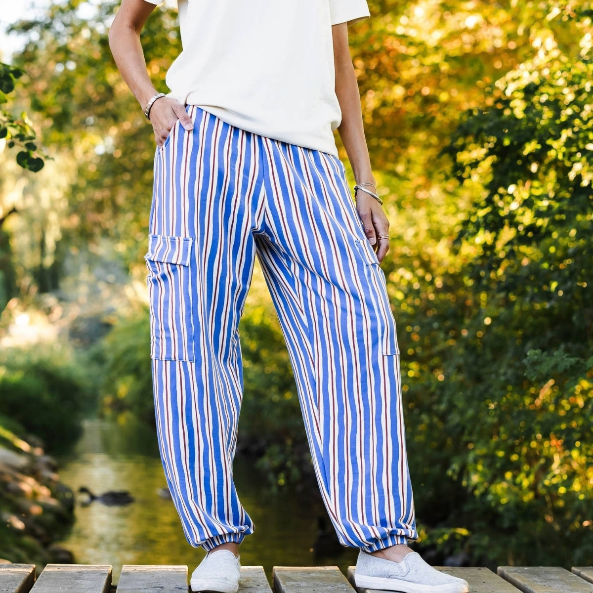 Ladies' Bamboo Terry Cargo Balloon Pants | Scandi Stripe