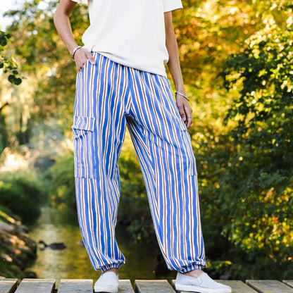 Ladies' Bamboo Terry Cargo Balloon Pants | Scandi Stripe
