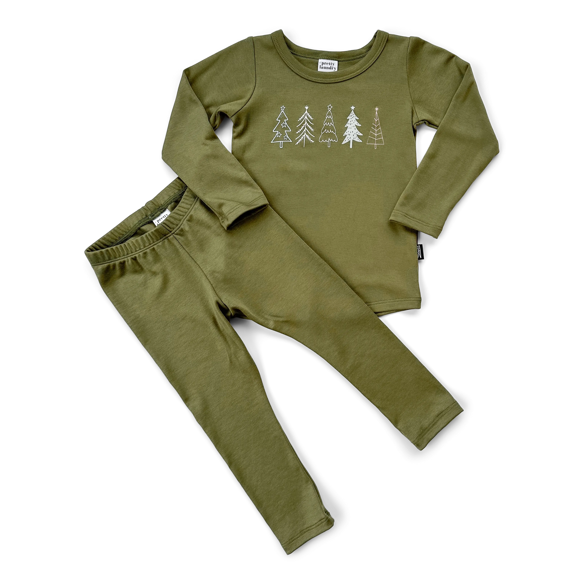 Long Sleeve Pajama Set | Olive | Christmas Trees