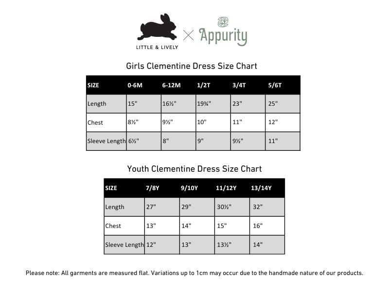 Youth Bamboo Clementine Dress | Friendly Ghosts size chart
