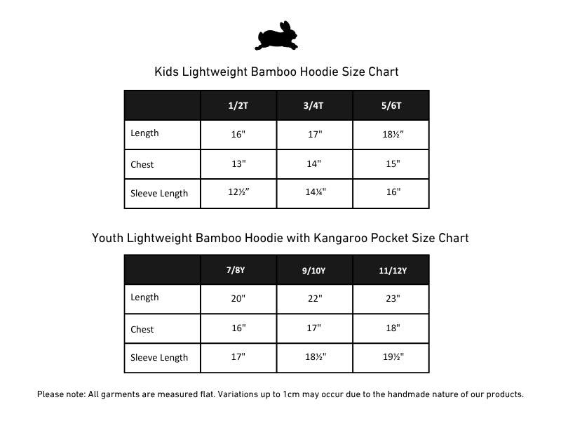 Kids' Lightweight Bamboo Kangaroo Pocket Hoodie | Seaglass size chart