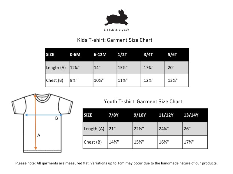 Baby/Kids Graphic Bamboo T-Shirt | "Be You" | Cream size chart