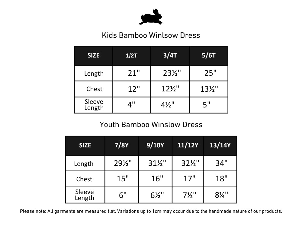 Youth Bamboo Winslow Dress | Terracotta Rib size chart