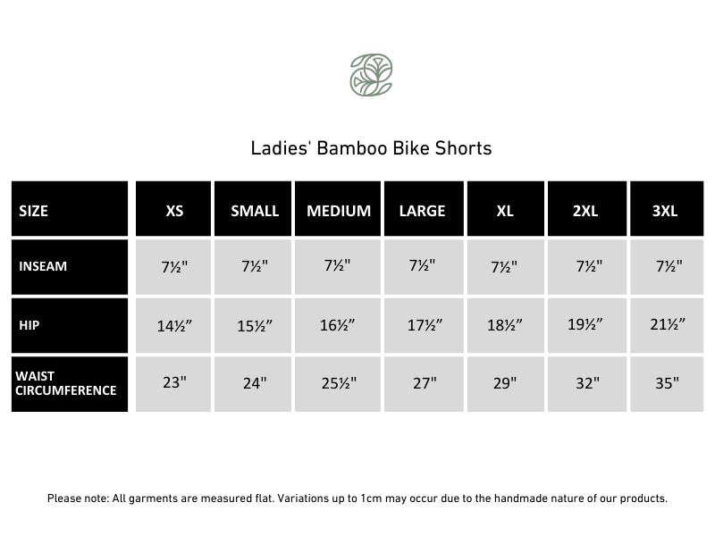 Ladies'Bamboo Bike Shorts | Tidal Blue size chart