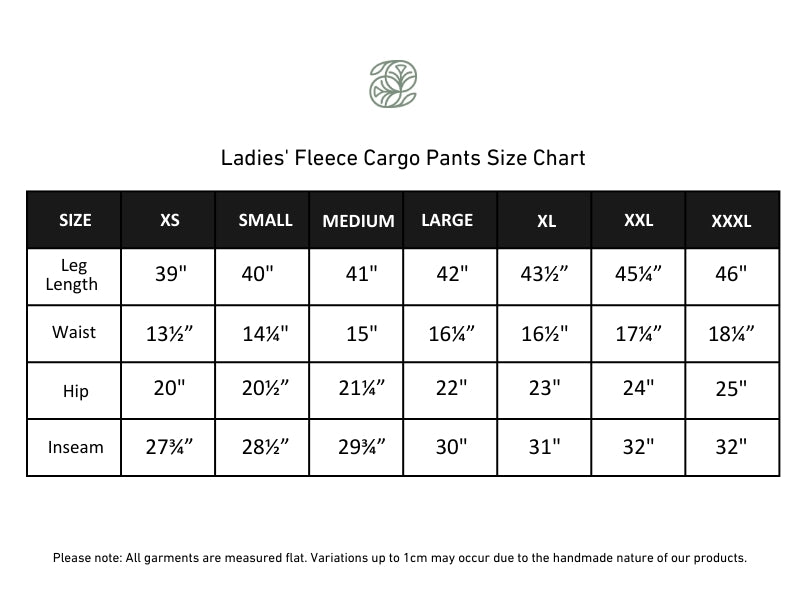 Ladies' Bamboo Fleece Cargo Pants | Sage size chart
