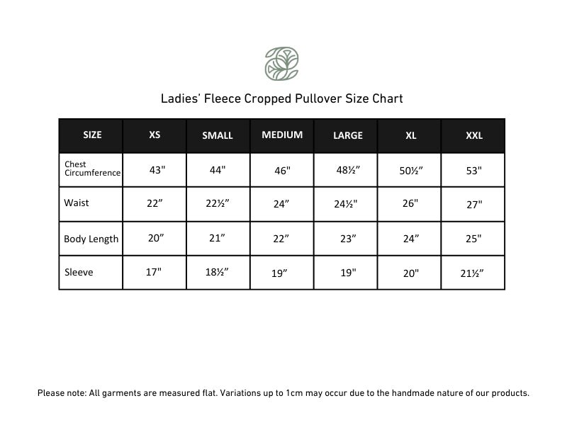Ladies Bamboo Fleece Cropped Pullover | Terracotta size chart