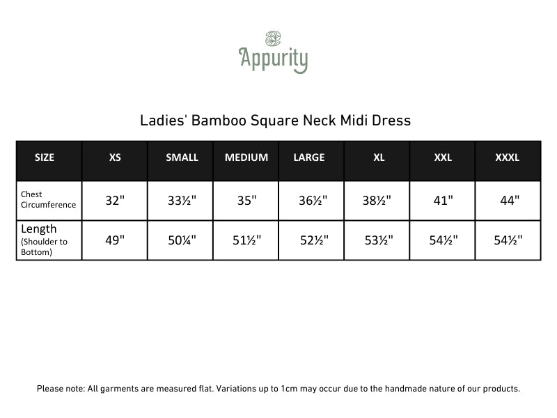 Ladies' Bamboo Square Neck Midi Dress | Leaf Green size chart