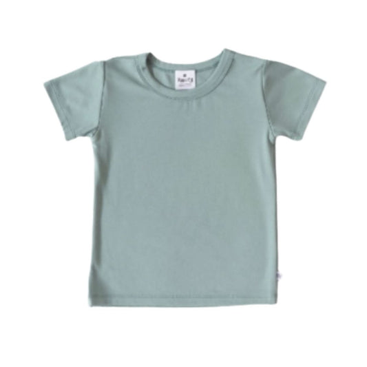 The Little & Lively Baby/Kids Bamboo T-shirt is a plain, short-sleeved light green tee with a crew neckline and neck tag, shown flat on a white background—ideal for eco-conscious kids’ wardrobes.