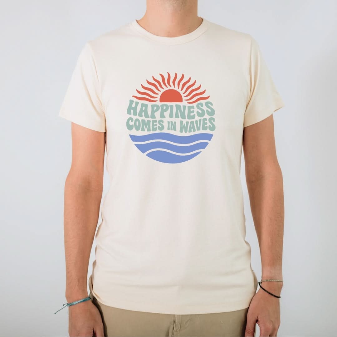 Adult Unisex/Men's Bamboo Graphic T-Shirt | "Happiness Comes In Waves" | Cream