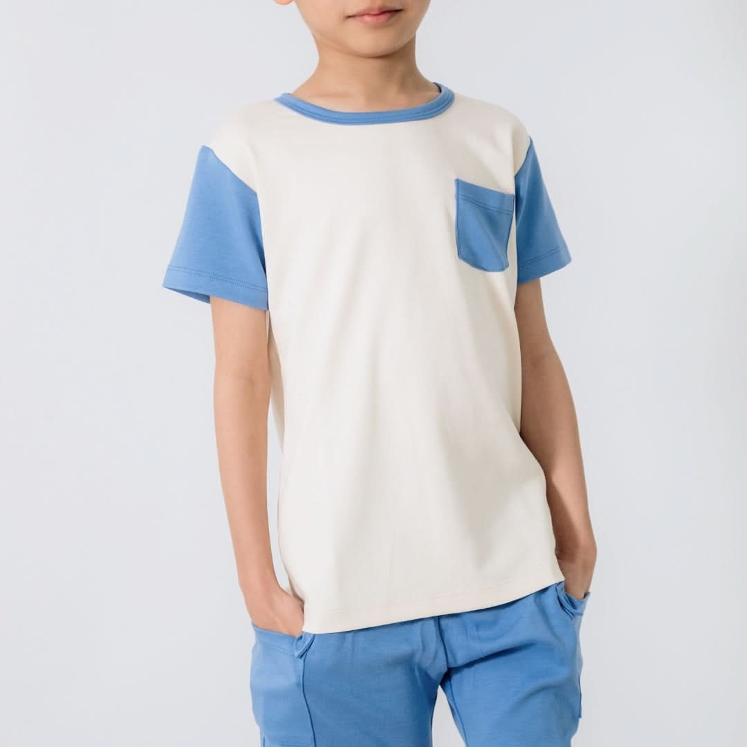 Youth Bamboo Pocket T-Shirt | Cream & Tidal Blue