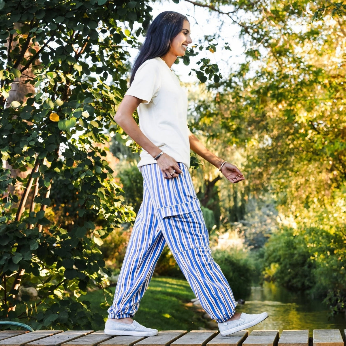 Ladies' Bamboo Terry Cargo Balloon Pants | Scandi Stripe