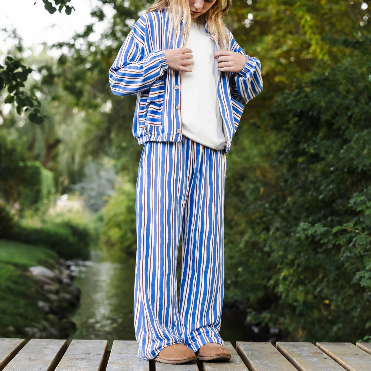 Youth Bamboo Terry Wide Leg Pants | Scandi Stripe