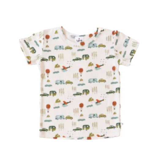 The Little & Lively Youth Bamboo T-shirt | Prints — Last Call is a short-sleeved tee with a white base, featuring green, blue, and red illustrated cars, trees, birds, and clouds. Ethically made for comfort and style.