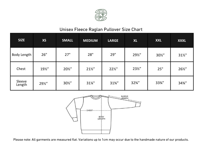 Adult Unisex Bamboo Fleece Raglan Pullover | Black size chart
