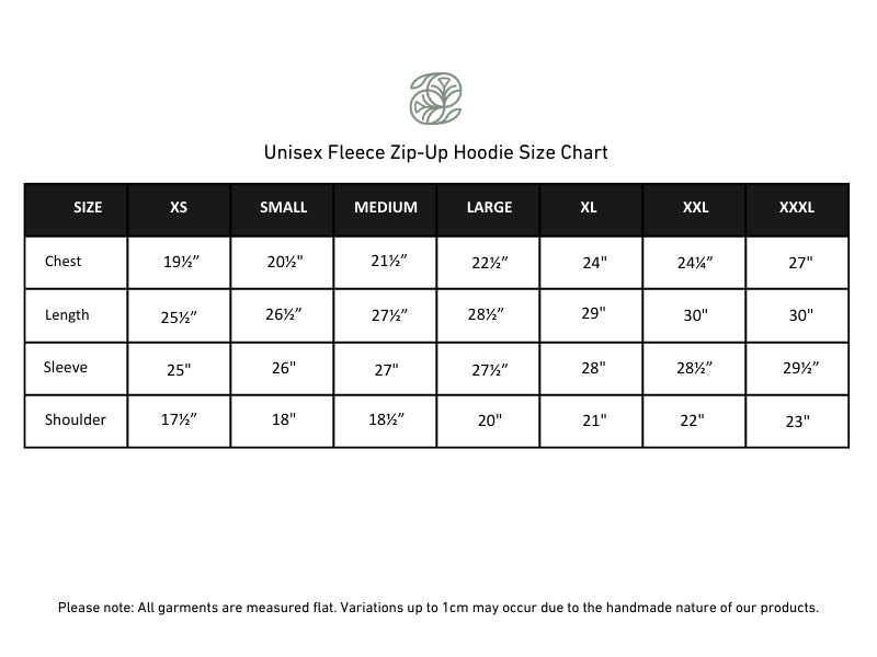 Adult Unisex Bamboo Fleece Zip-Up Hoodie | Black size chart