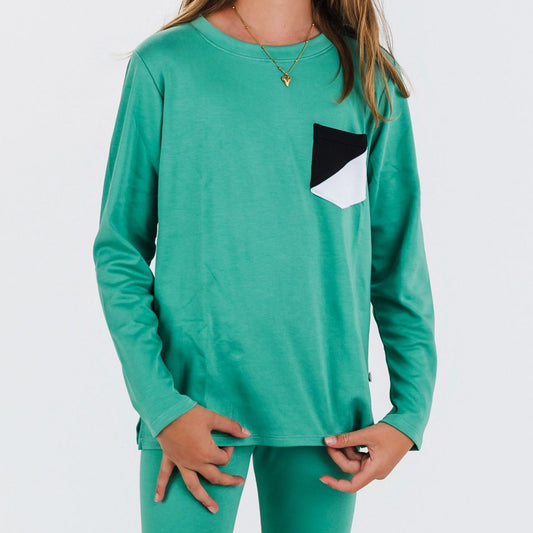 Kids’ Bamboo Long-Sleeve T-Shirt with Side Slits & Pocket | Spruce Green