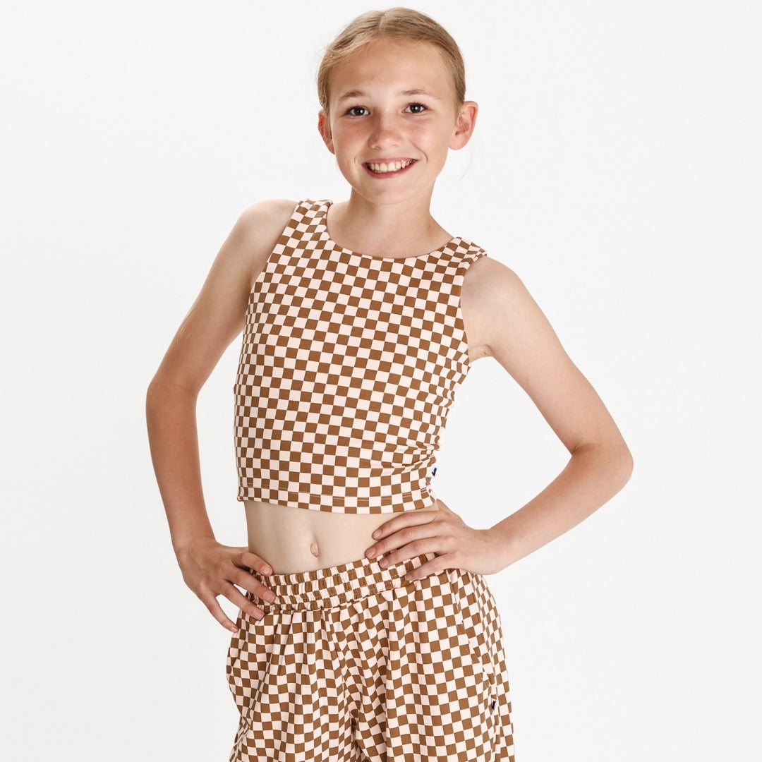 Youth Bamboo Longline Bralette-Style Tank | Blush Checkers