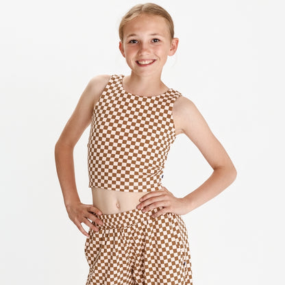 Youth Bamboo Longline Bralette-Style Tank | Blush Checkers
