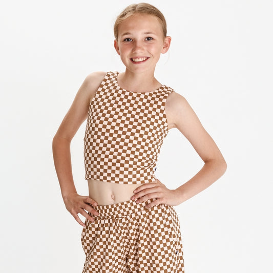 Youth Bamboo Longline Bralette-Style Tank | Blush Checkers