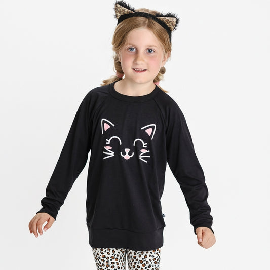 Youth Bamboo Graphic Raglan Pullover | Kawaii Kitty on Black