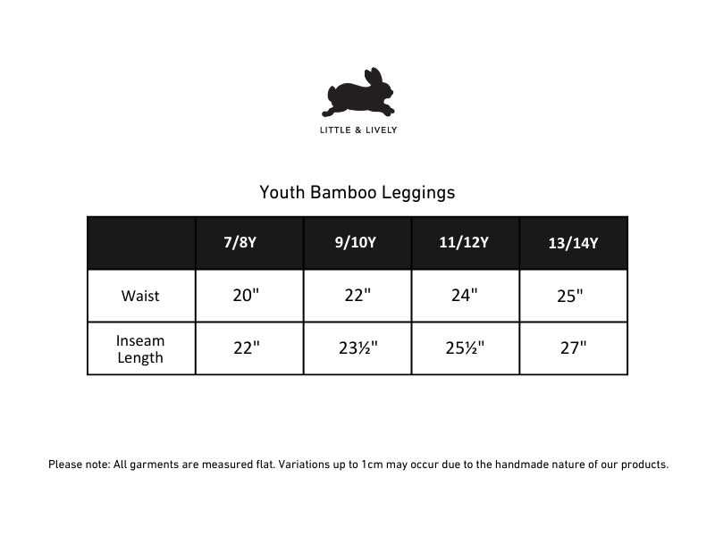 Youth Bamboo Leggings | Batty Twilight size chart