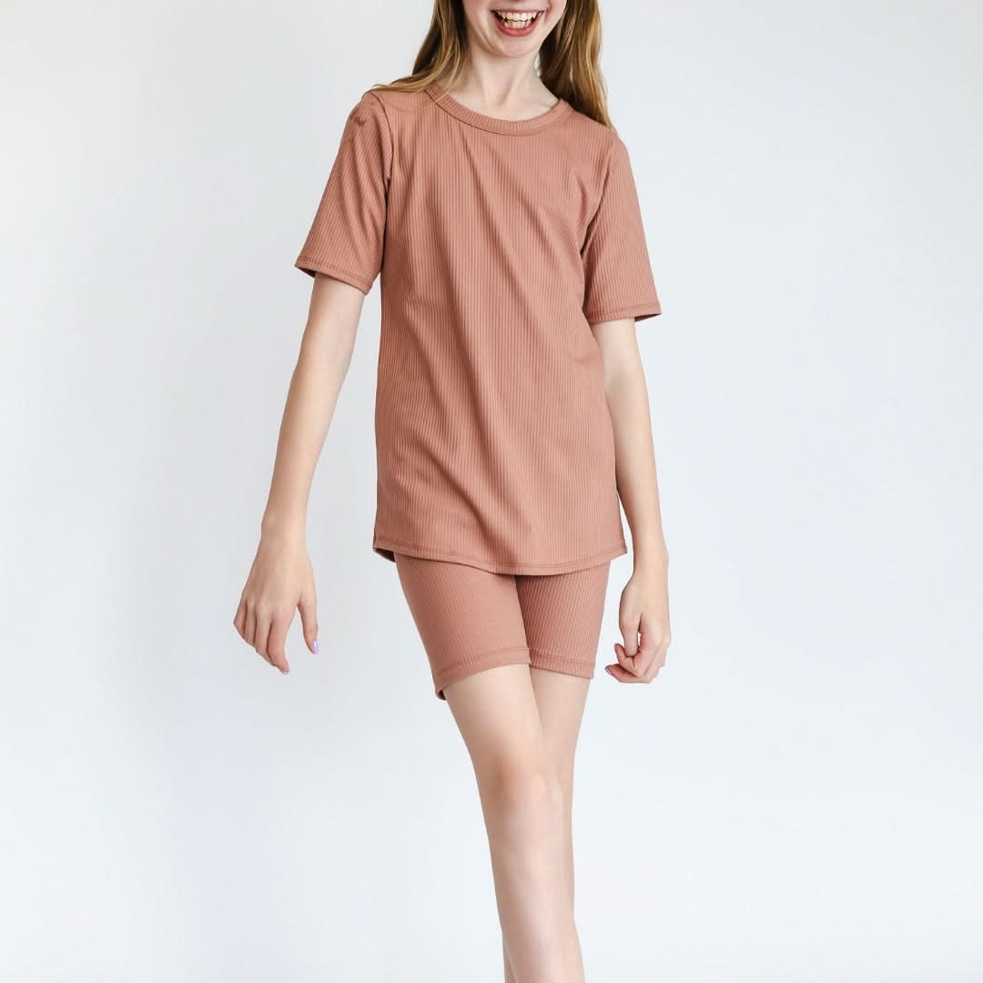 Youth 2-Piece Bamboo Short Sleeve Snug-Fit Lounge Set | Terracotta Rib