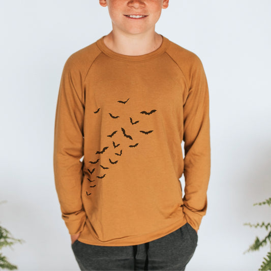 Youth Bamboo Graphic Raglan Sleeve Pullover | Bat Buddies on Umber
